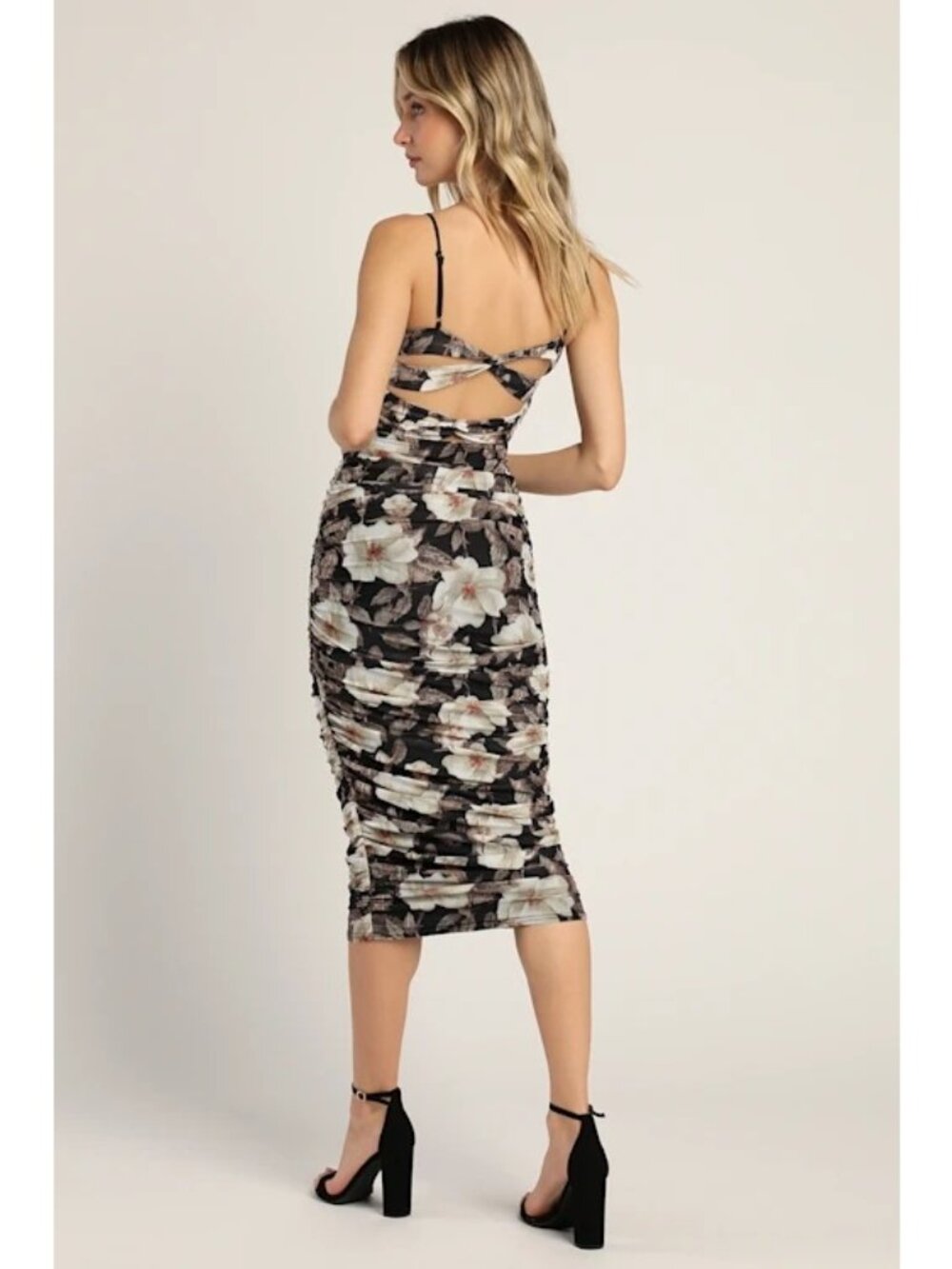 Lulus Ruched Dress Size Medium Mesh Floral Print Sleeveless Strappy Back Black - Picture 2 of 13